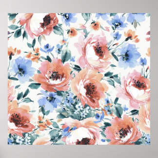 Póster Flores acuarelas, ilustracion sin costura.