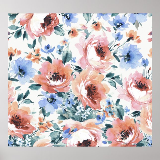 Póster Flores acuarelas, ilustracion sin costura. (Frente)