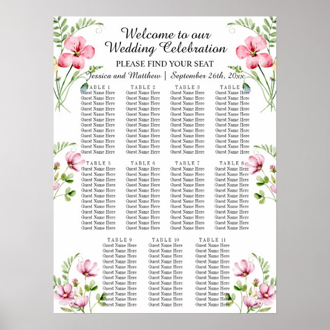 Póster Flores acuáticas 11 mesas Boda Asiento (Frente)