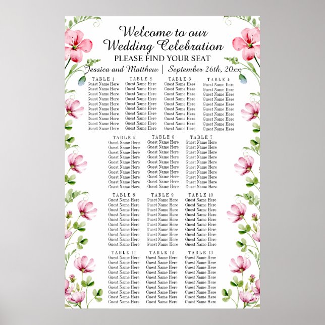 Póster Flores acuáticas 13 mesas Boda Asiento (Frente)