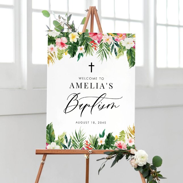 Póster Flores acuáticas Bautismo tropical Garland (Watercolor Flowers Garland Tropical Baptism Welcome Sign)