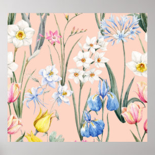 Póster Flores acuáticas de primavera, tapicería retro.