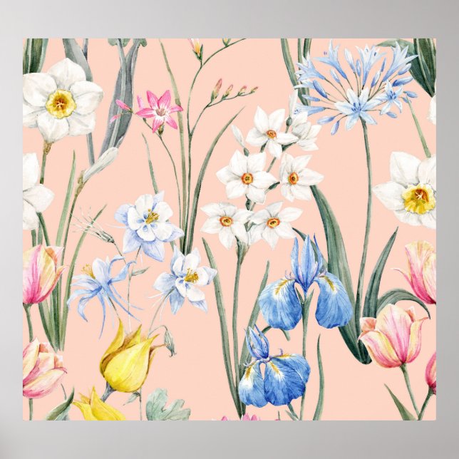 Póster Flores acuáticas de primavera, tapicería retro. (Frente)