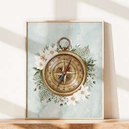Póster Flores acuáticas y brújula floral de hojas verdes