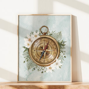 Póster Flores acuáticas y brújula floral de hojas verdes
