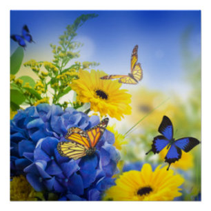 Póster Flores amarillas azules con las mariposas