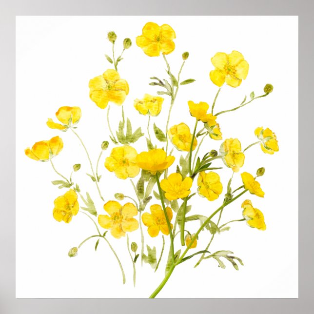 Póster flores amarillas de mariposa acuarela (Frente)