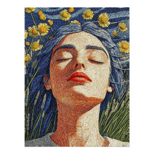 Póster Flores Amarillas De Pelo Azul Texturizado