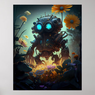 Póster Flores amarillas de Sci-fi Robot