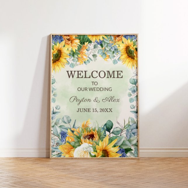 Póster Flores amarillas Eucalipto verde deja Boda (Sunflowers and eucalyptus wedding "Welcome" poster)