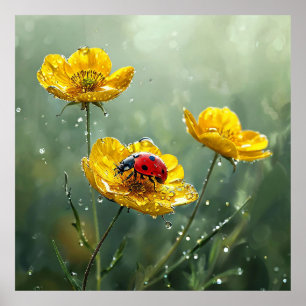 Póster 🐞 Flores Amarillas Mariquita Escena de la Natural