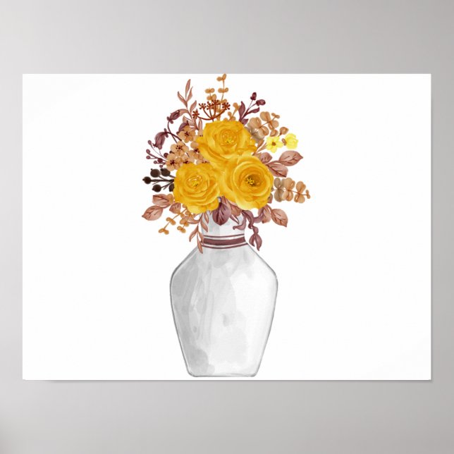 Póster Flores amarillas y marrones en una acuarela vase (Frente)