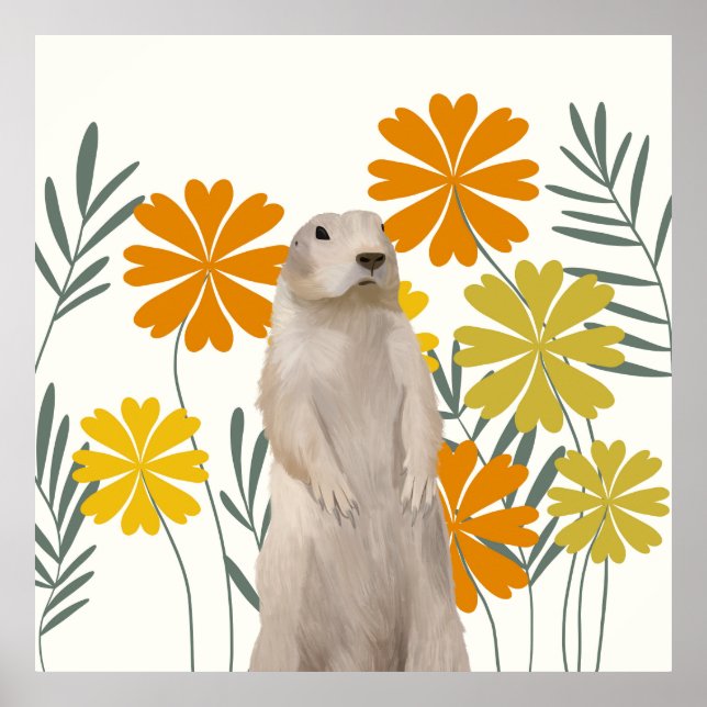 Póster Flores amarillas y Naranjas de cute Groundhog (Frente)