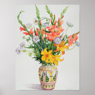 Póster Flores anaranjadas y azules en un florero marroquí