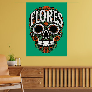 Póster flores apellido cráneo de azúcar