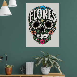 Póster flores apellido cráneo de azúcar