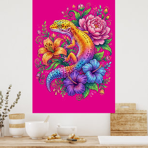 Póster Flores Arcoíris Lagarto Leopardo Lindo Colorido