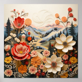 Póster Flores audaces con montañas exteriores Escenario