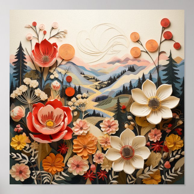 Póster Flores audaces con montañas exteriores Escenario (Frente)