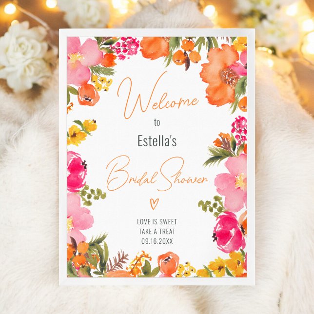Póster Flores audaces modernas guión de escritura ducha d (Modern bold flowers script bridal shower welcome poster)