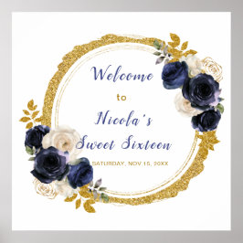 Póster Flores azul marino y oro elegantes dulce dieciséis