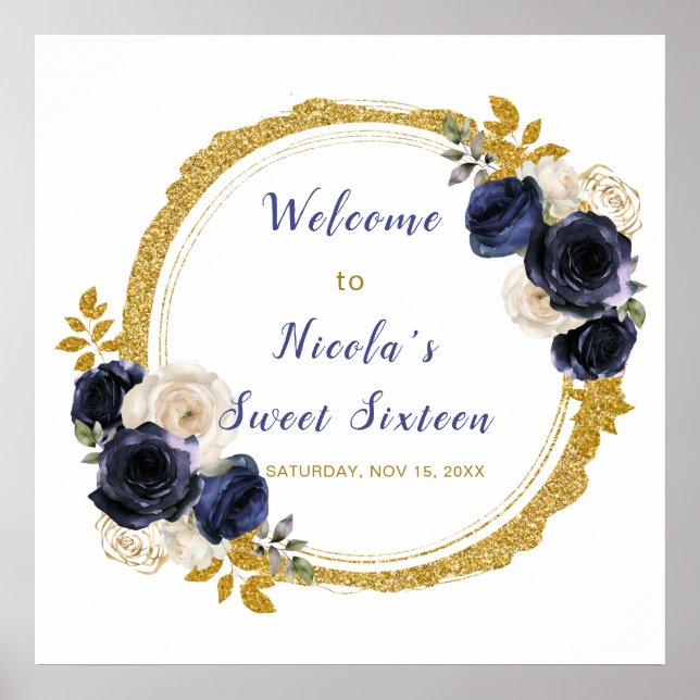 Póster Flores azul marino y oro elegantes dulce dieciséis (Frente)