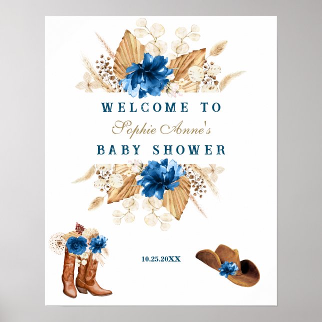 Póster Flores azules Boots Baby Shower, signo de bienveni (Frente)
