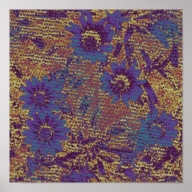 Póster Flores azules contra el patrón de camuflaje de hoj (Frente)