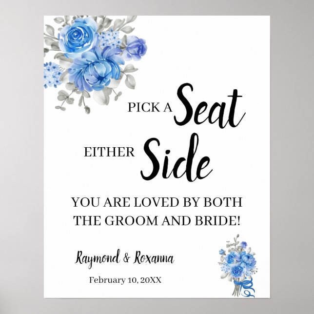 Póster Flores azules eligen un Rótulo de Boda de cualquie (Frente)