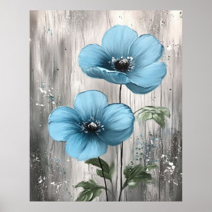 Póster Flores Azules en Pintura de Madera Gris