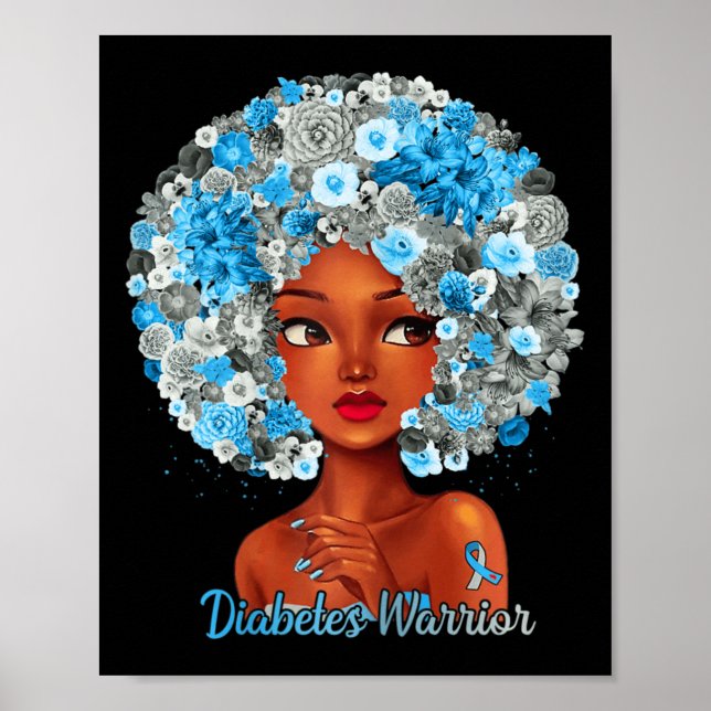 Póster Flores azules grises afro cabello negro mujer diab (Frente)