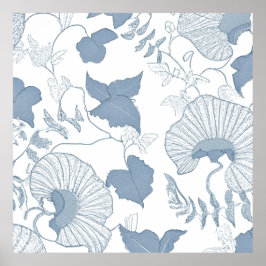 Póster Flores azules japonesas de fondo blanco