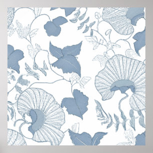 Póster Flores azules japonesas de fondo blanco