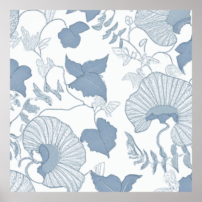 Póster Flores azules japonesas de fondo blanco (Frente)