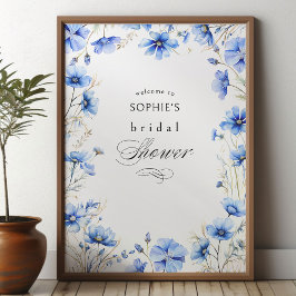 Póster Flores azules marco floral ducha de novia bienveni