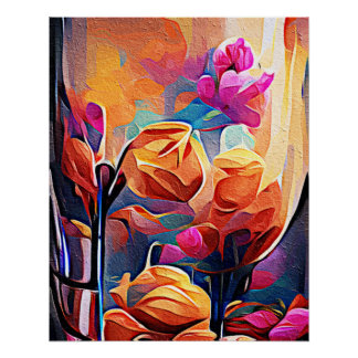 Póster Flores azules rojas Naranja de arte Abstracto flor