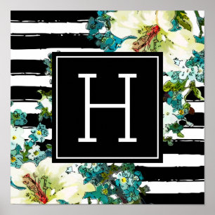 Póster Flores azules y blancas elegantes con monograma