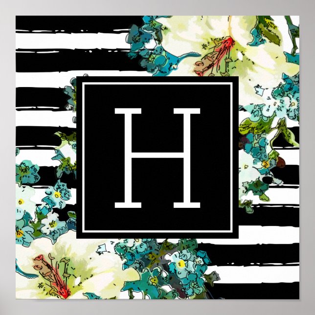 Póster Flores azules y blancas elegantes con monograma (Frente)