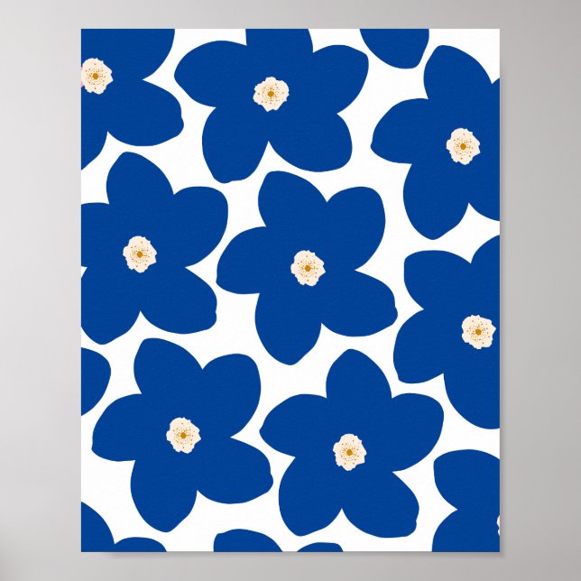 Póster Flores Azules Y Blancas Florales Retro (Frente)