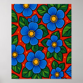 Póster Flores Azules y Hojas Verdes sobre un Fondo Rojo