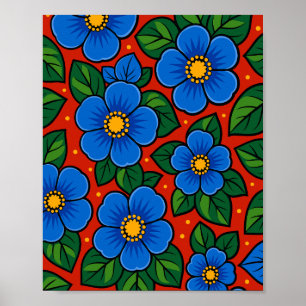 Póster Flores Azules y Hojas Verdes sobre un Fondo Rojo