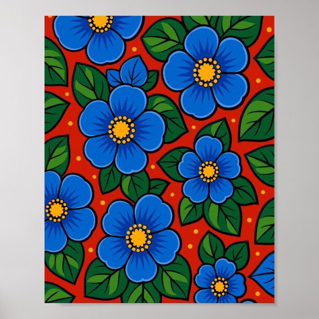 Póster Flores Azules y Hojas Verdes sobre un Fondo Rojo (Frente)
