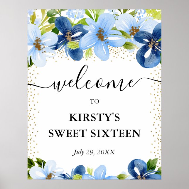 Póster Flores Azules y Navy Dulces 16 Bienvenida (Frente)