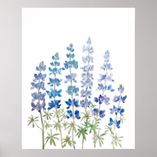 Póster flores azules y púrpuras acuarela