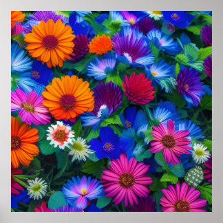 Póster Flores azules y rojas Naranjas coloridas
