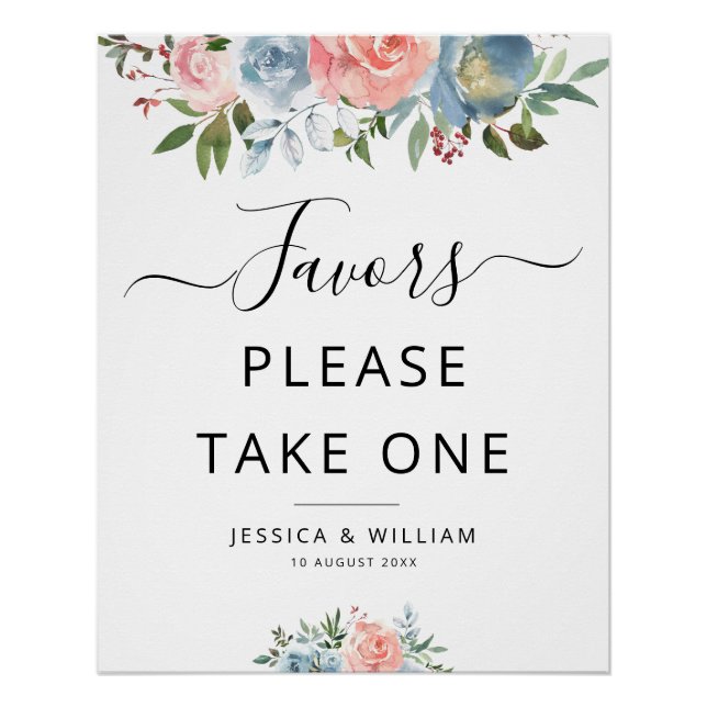 Póster flores azules y ruidosas firma Favor (Anverso)