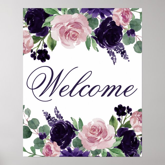 Póster Flores | Bienvenida de las rosas moradas y rosas (Frente)