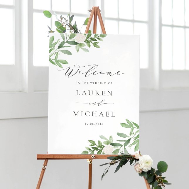 Póster Flores blancas acuarelas y Boda de la vegetación (Customizable botanical wedding welcome sign featuring watercolor greenery and white flowers)
