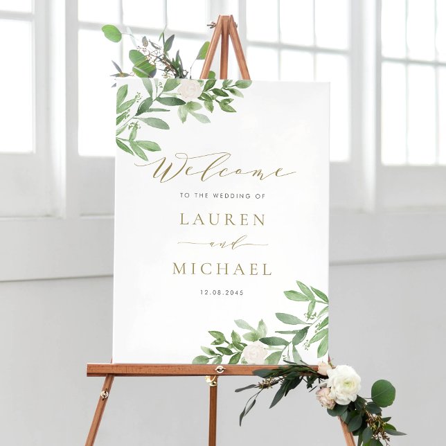 Póster Flores blancas acuarelas y Boda de la vegetación (Customizable watercolor wedding welcome sign featuring watercolor greenery and white flowers)