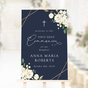 Póster Flores blancas crema, Bienvenida a la Primera Comu